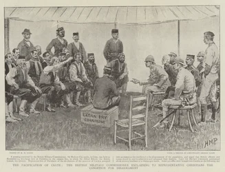 Die Befriedung Kretas, der britische Militärkommissar erklärt den christlichen Vertretern die Bedingungen für die Entwaffnung